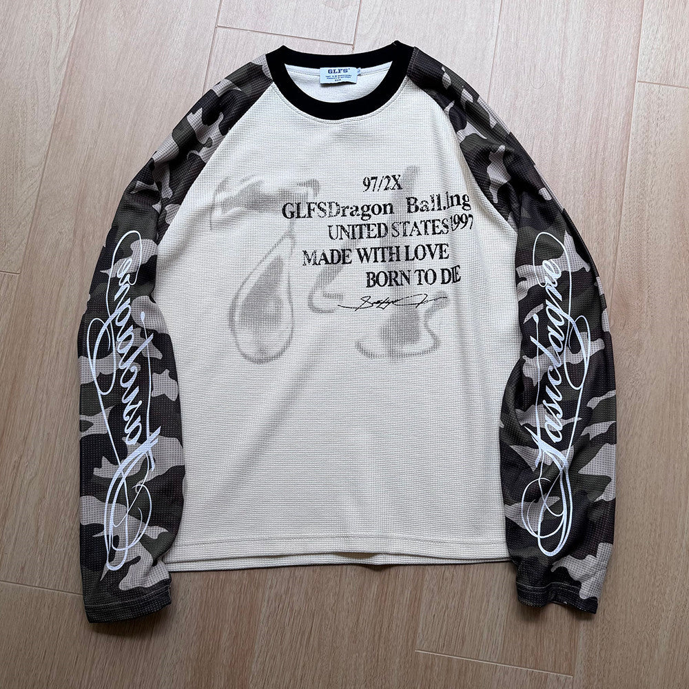 Long Sleeve Waffle Knit Shirt – Camo Raglan Sleeves & Graphic Print