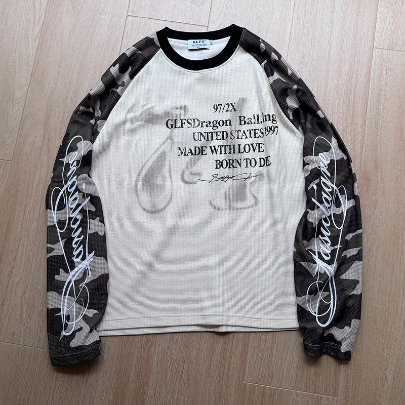 Long Sleeve Waffle Knit Shirt – Camo Raglan Sleeves & Graphic Print