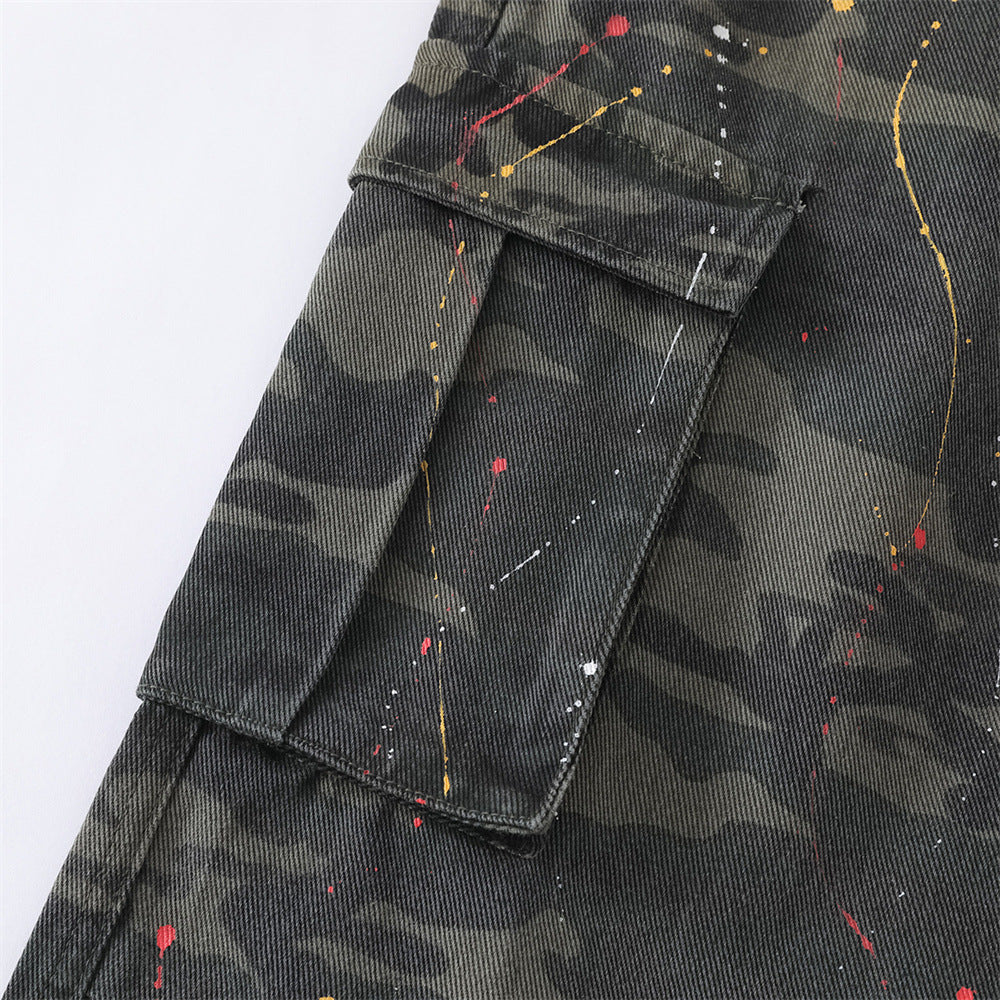 Camo Cargo Shorts – Paint Splatter Multi-Pocket Wide-Leg