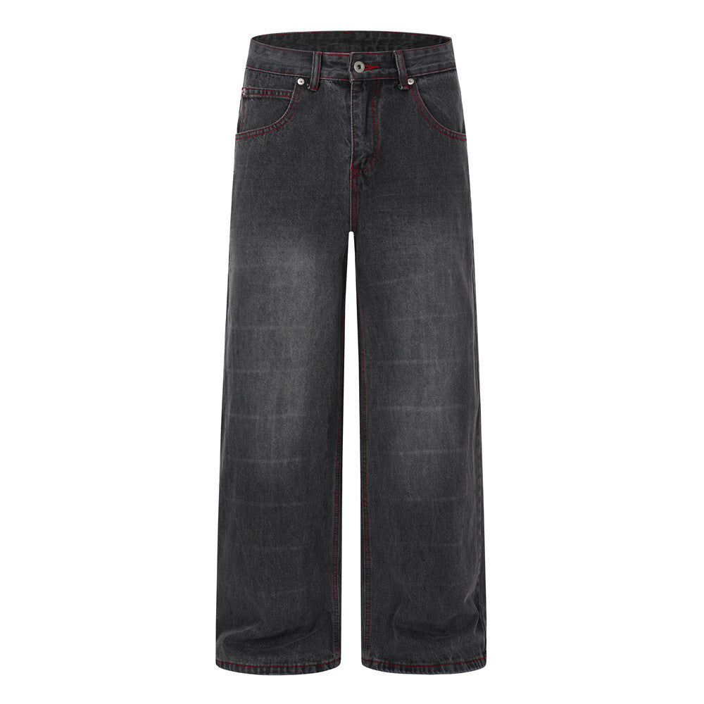 Washed black wide-leg jeans with eagle-wing and star back print and red contrast stitching, front and back view