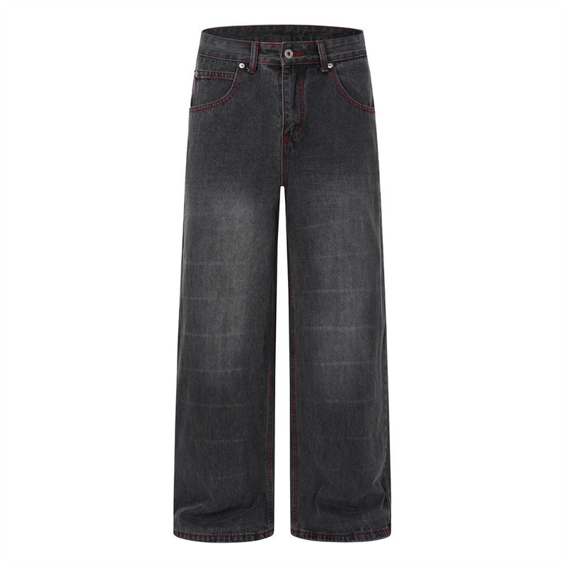 Washed black wide-leg jeans with eagle-wing and star back print and red contrast stitching, front and back view