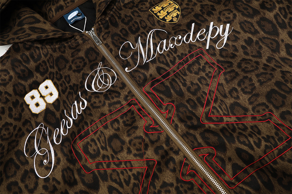 Leoparden-Hoodie mit Reißverschluss und Design – bestickte Varsity-Streetwear-Jacke