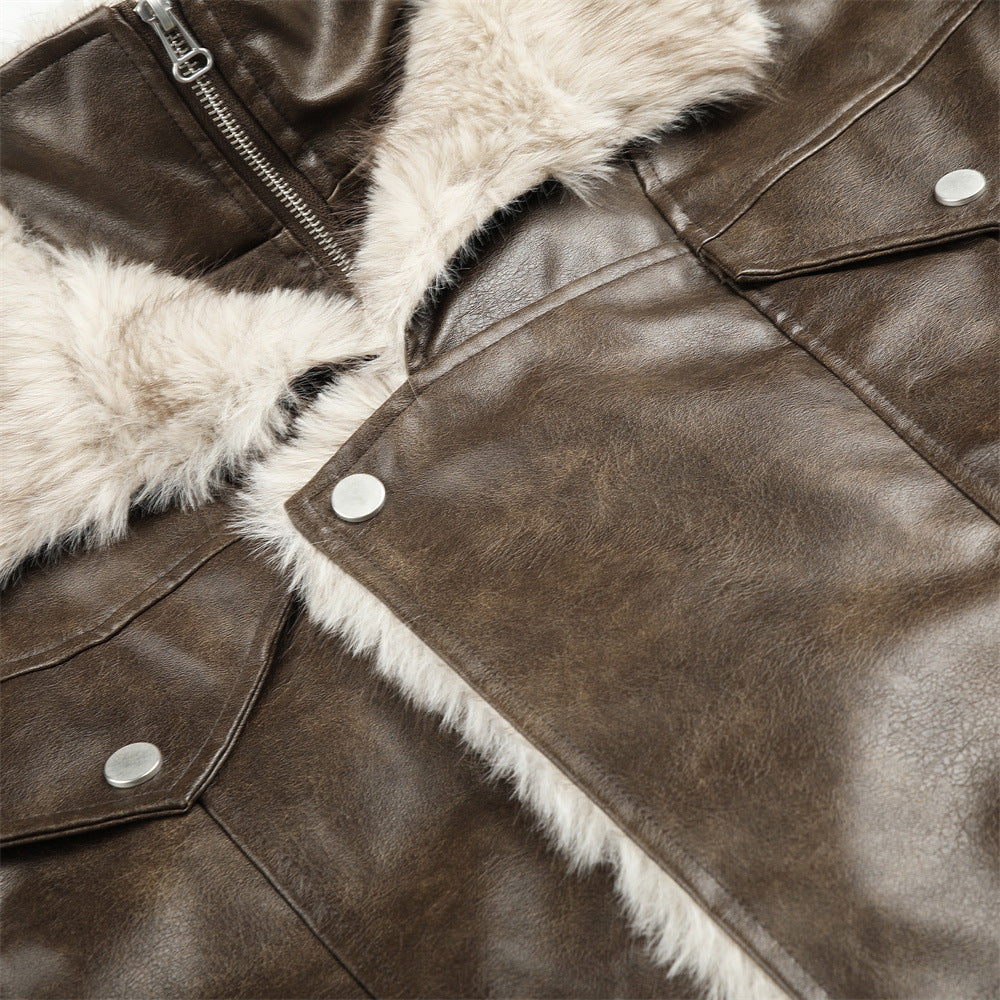 Men's Faux Leather Fur-Lined Bomber Jacket with High Collar & Asymmetric Placket