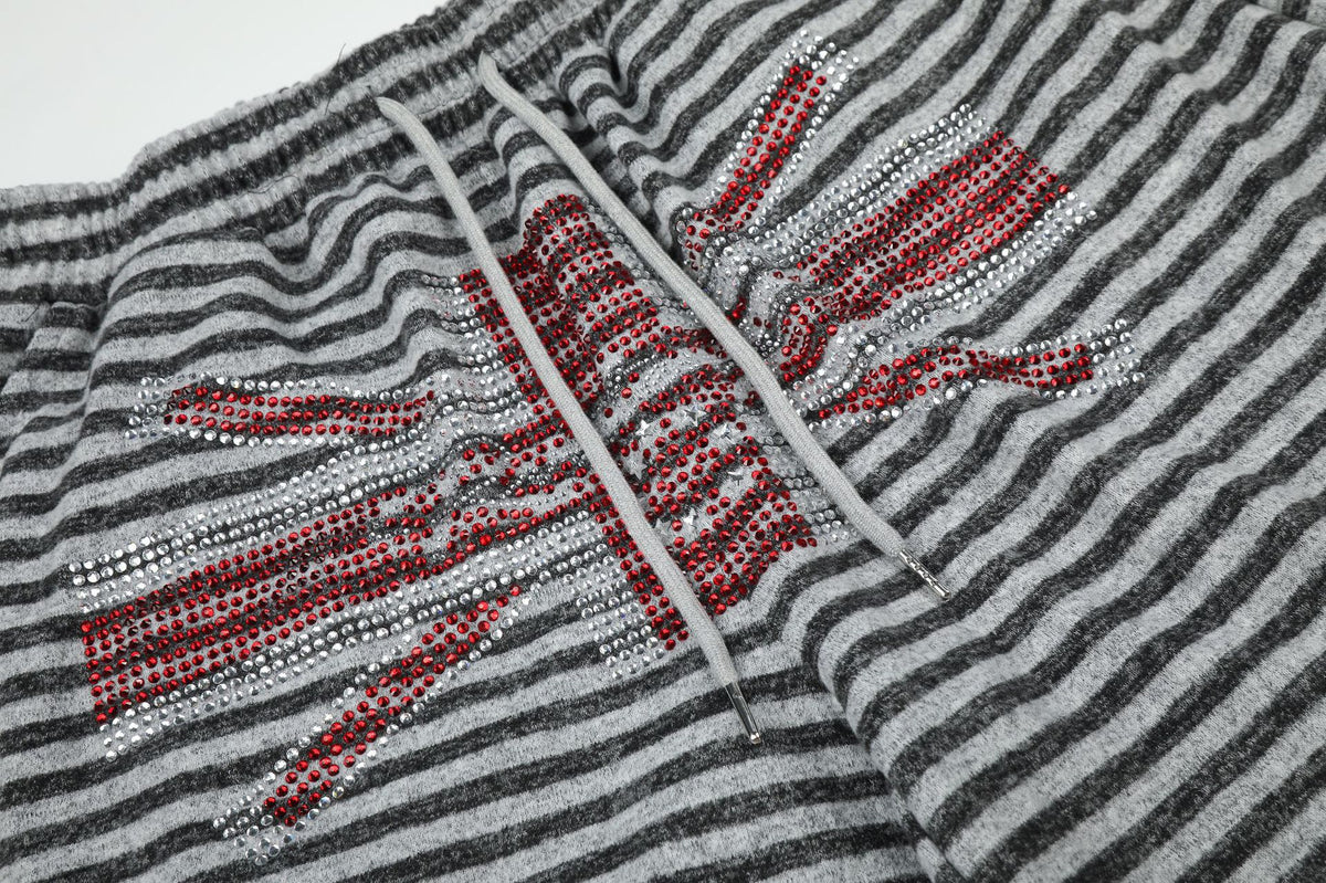 Wide-Leg Striped Sweatpants with Union Jack Rhinestone Detail