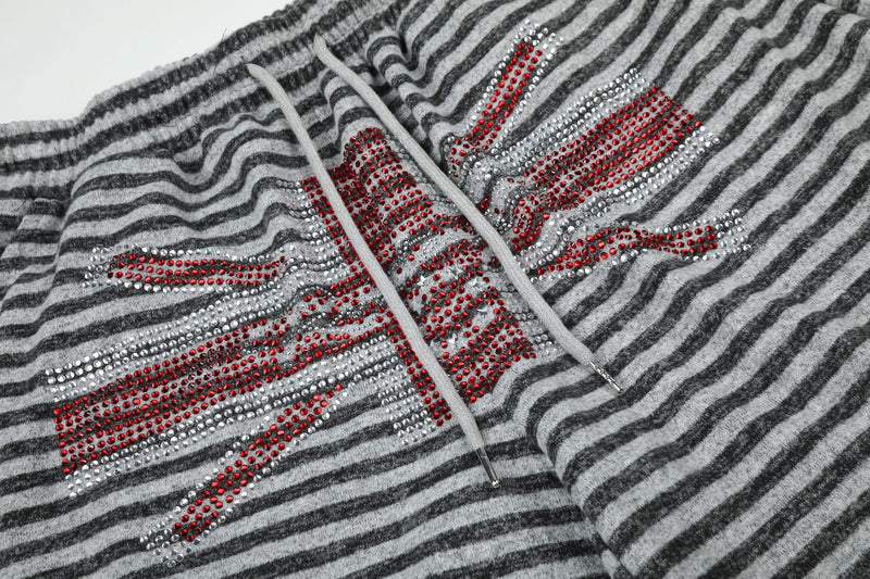 Wide-Leg Striped Sweatpants with Union Jack Rhinestone Detail