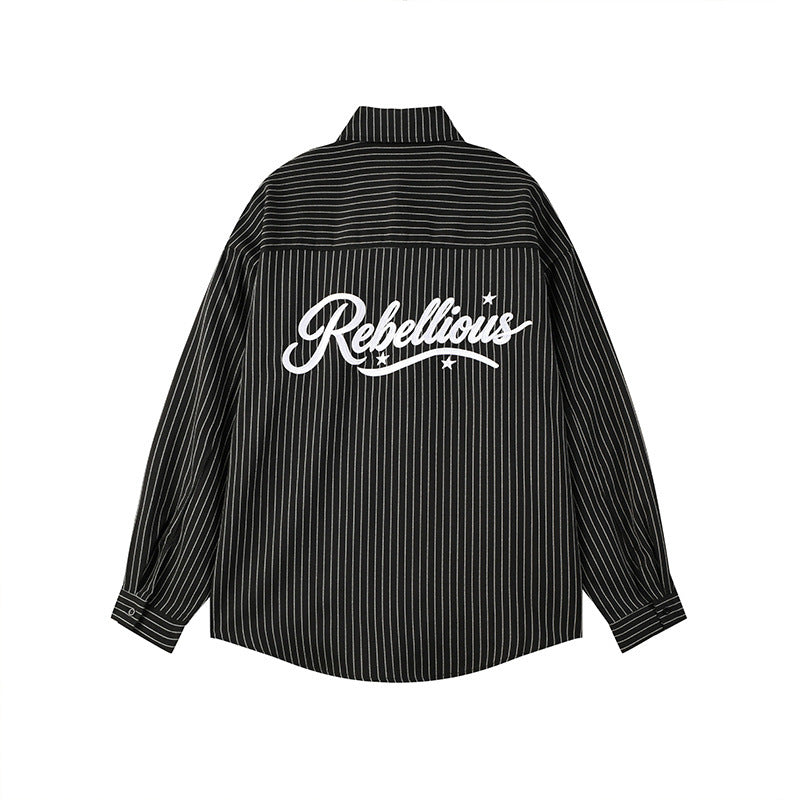 Stripe Long Sleeve Shirt with Rebellious Script Embroidery, Oversized Fit