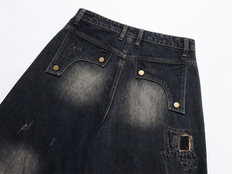 Distressed Patchwork Wide-Leg Jeans – Baggy Ripped Denim with Washed Finish
