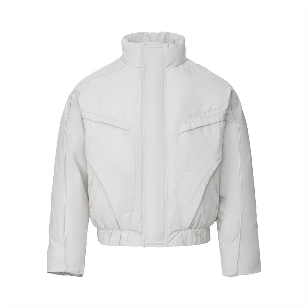 Oversized Puffer Bomber Jacket – Stand Collar, Geometric Seam Detail