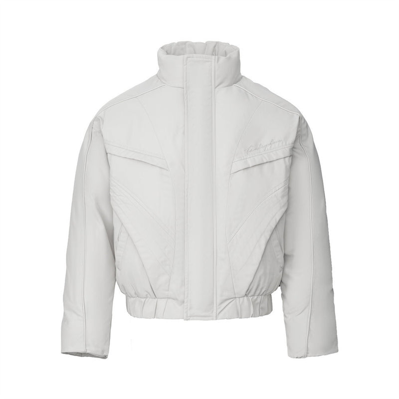 Oversized Puffer Bomber Jacket – Stand Collar, Geometric Seam Detail