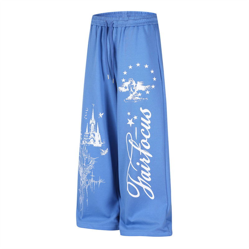 Wide-Leg Sweatpants with Castle & Angel Graphic Print – Streetwear Jogger Pants