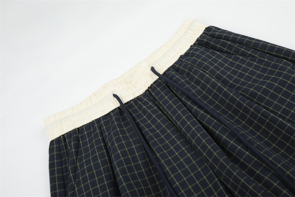 Wide-Leg Plaid Trousers – Elastic Waist Drawstring Contrast Band