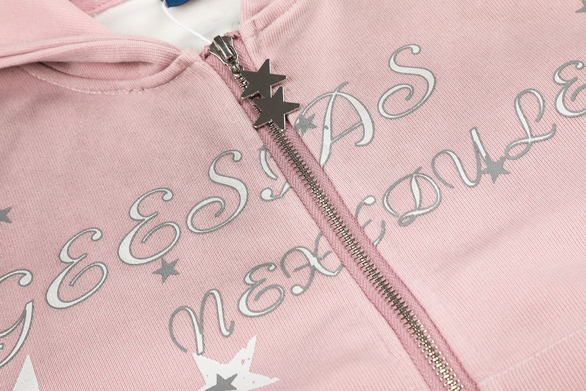 Sweat à capuche zippé à motif étoile – Sweat-shirt streetwear oversize vintage délavé