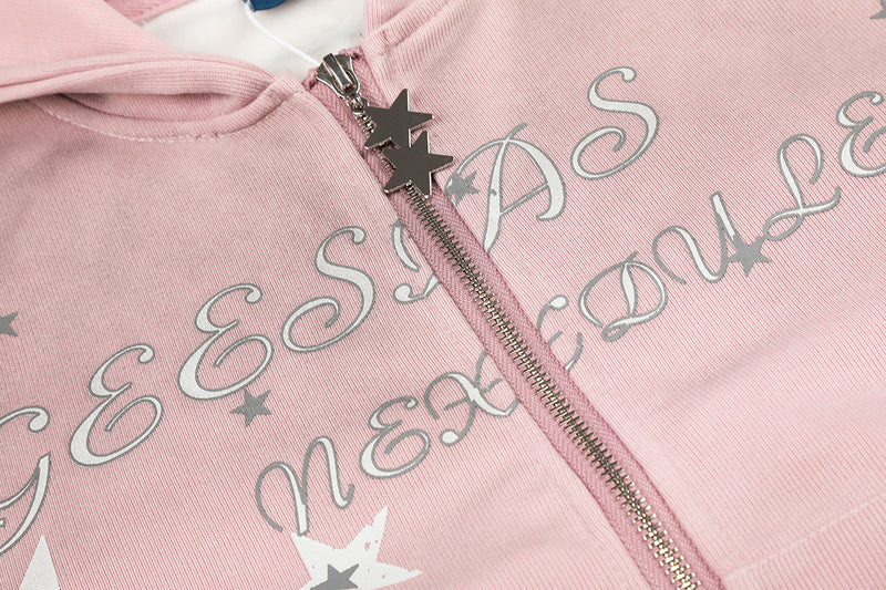 Sweat à capuche zippé à motif étoile – Sweat-shirt streetwear oversize vintage délavé