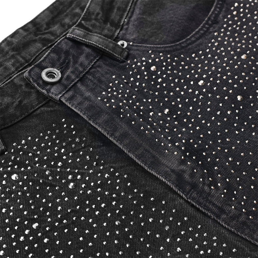 Men's Wide-Leg Baggy Jeans – Washed Black Rhinestone Embellished Denim