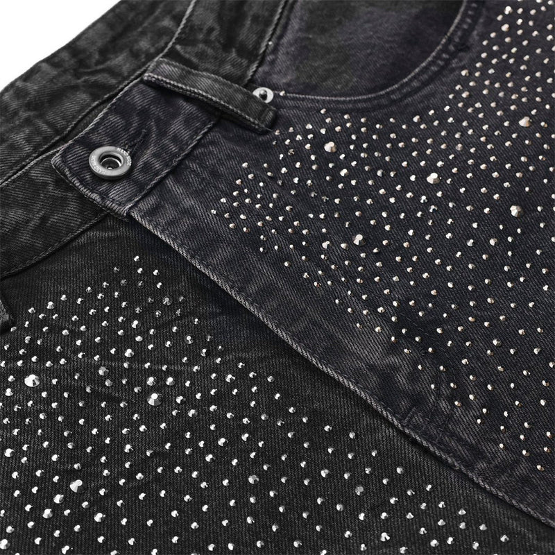 Men's Wide-Leg Baggy Jeans – Washed Black Rhinestone Embellished Denim