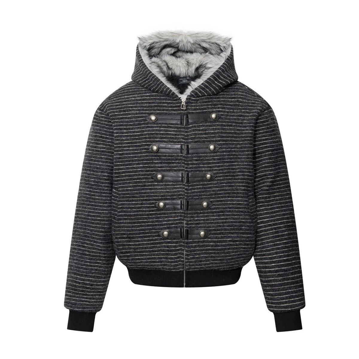 Striped Faux-Fur Hooded Zip-Up Bomber Jacket with Military Button Placket