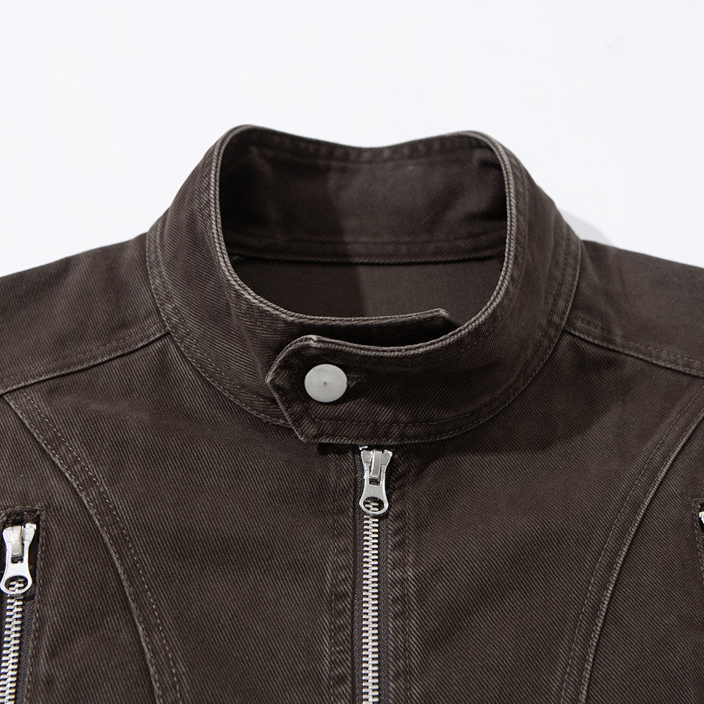 Men's Stand Collar Denim Jacket with Multi-Zip Pockets – Relaxed Fit Workwear