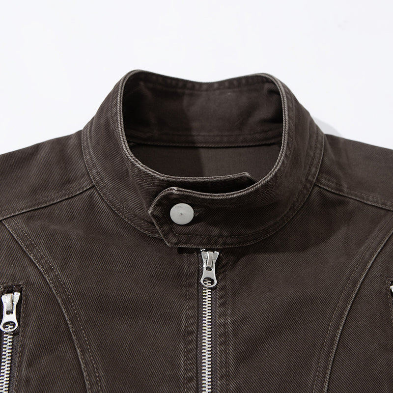 Men's Stand Collar Denim Jacket with Multi-Zip Pockets – Relaxed Fit Workwear