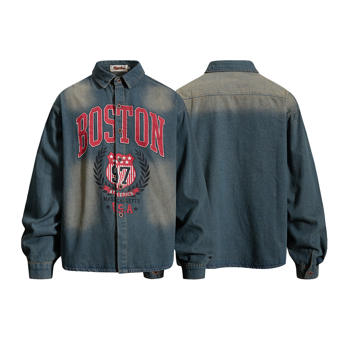 Oversized Jeanshemd-Jacke im Vintage-Washed-Look mit College-Wappenprint „Boston Athletics 97“ auf der Brust, Vorder- und Rückansicht