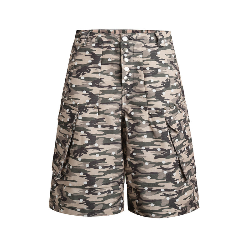Men's wide-leg camouflage cargo shorts with white polka dot print and side flap pockets, front and back view