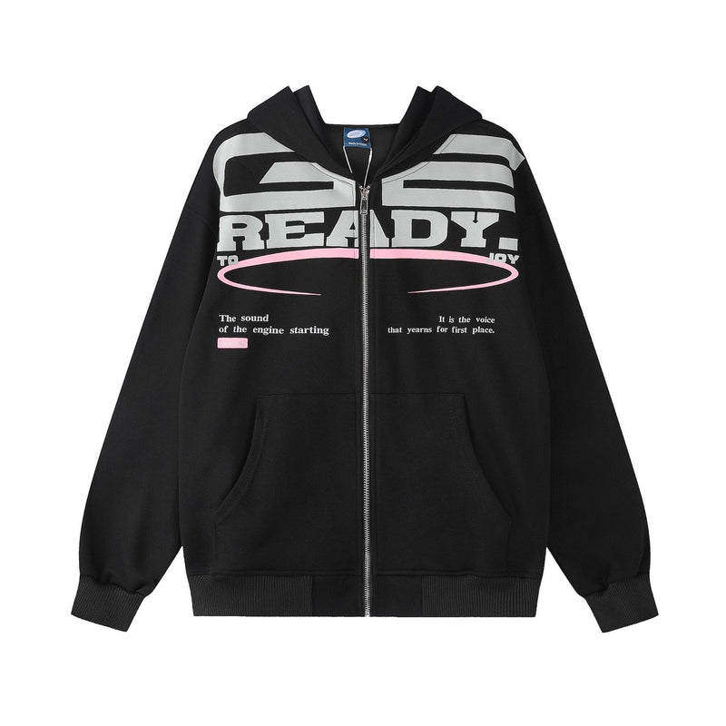 Sweat à capuche zippé à motif Ready To Joy – Streetwear américain rétro oversize