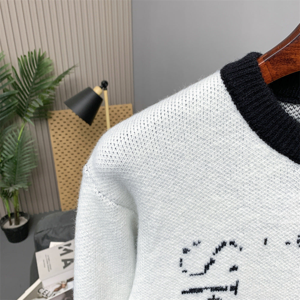 Men's Crew Neck Jacquard Knit Sweater – Pixelated Portrait Graphic, Contrast
