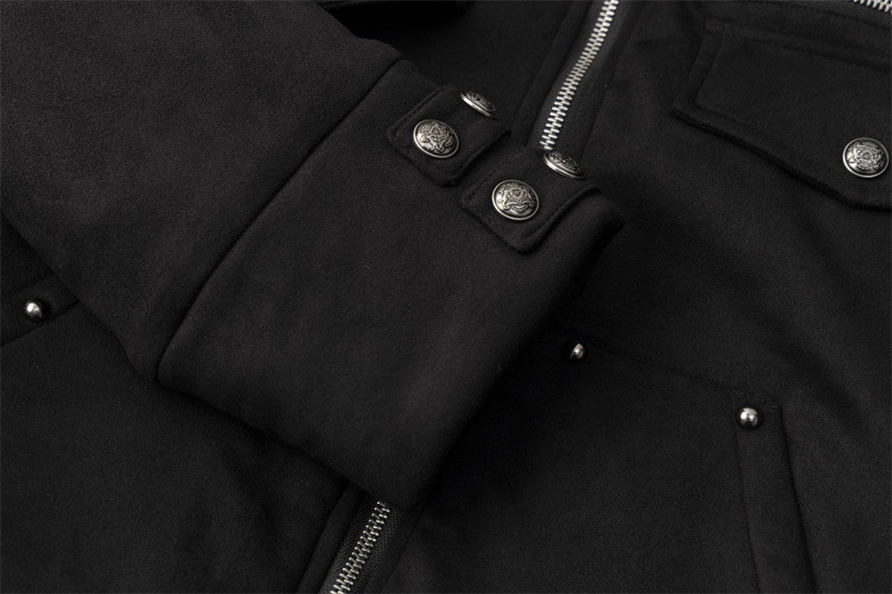Black Fur-Trim Hooded Bomber Jacket with Arrow Sleeve Patches