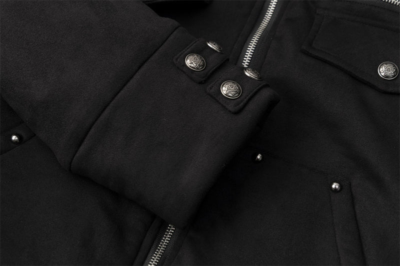Black Fur-Trim Hooded Bomber Jacket with Arrow Sleeve Patches