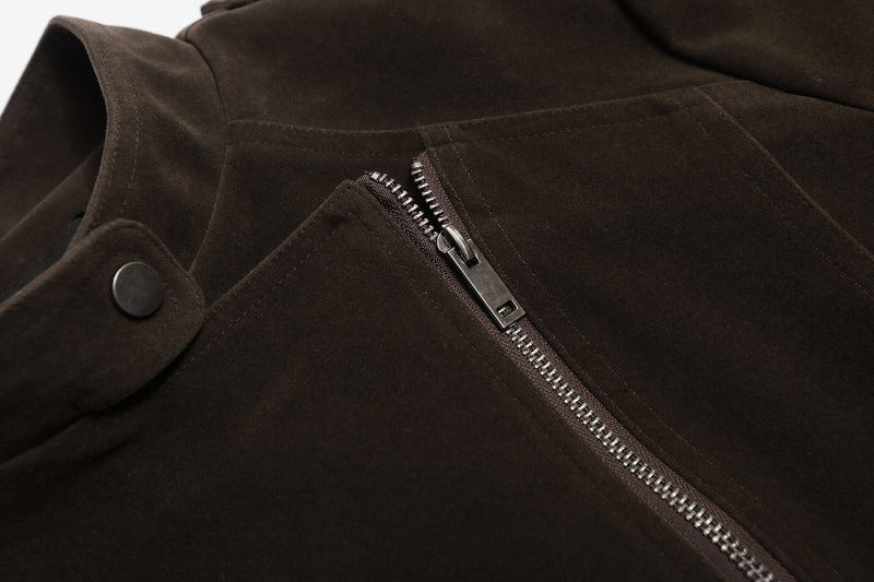 Suede Moto Biker Jacket – Cropped Stand Collar Asymmetric Zip