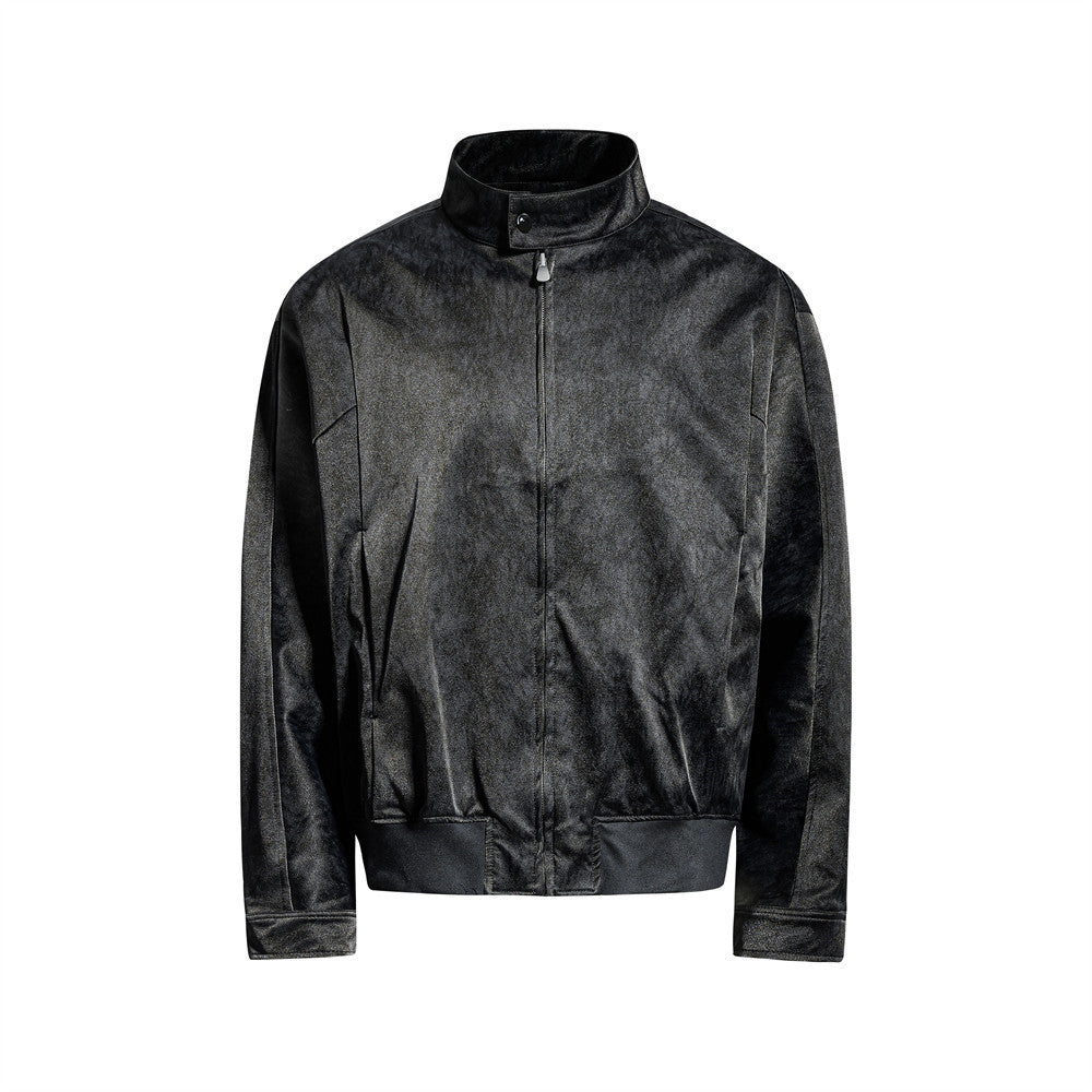 Blouson bomber homme oversize en simili cuir PU noir usé, col montant et fermeture zippée intégrale