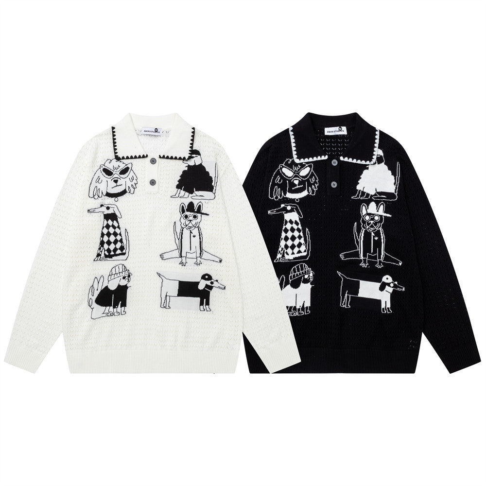 Jersey de Punto Jacquard con Perros Cartoon – Oversize, Cuello Polo y Manga Larga