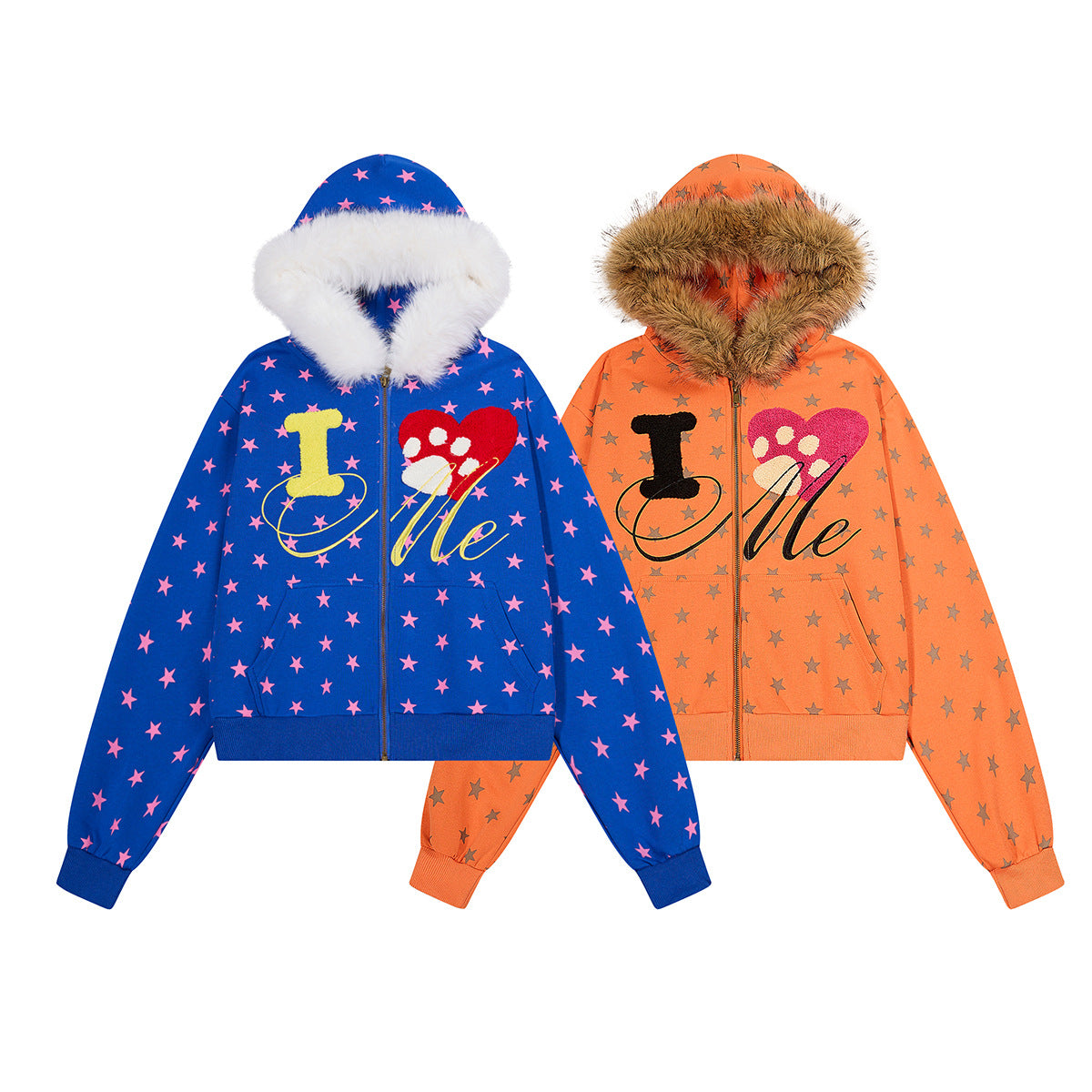 Hoodie zippé à motif étoiles, capuche bordée de fausse fourrure et motif « I ♥ Me »