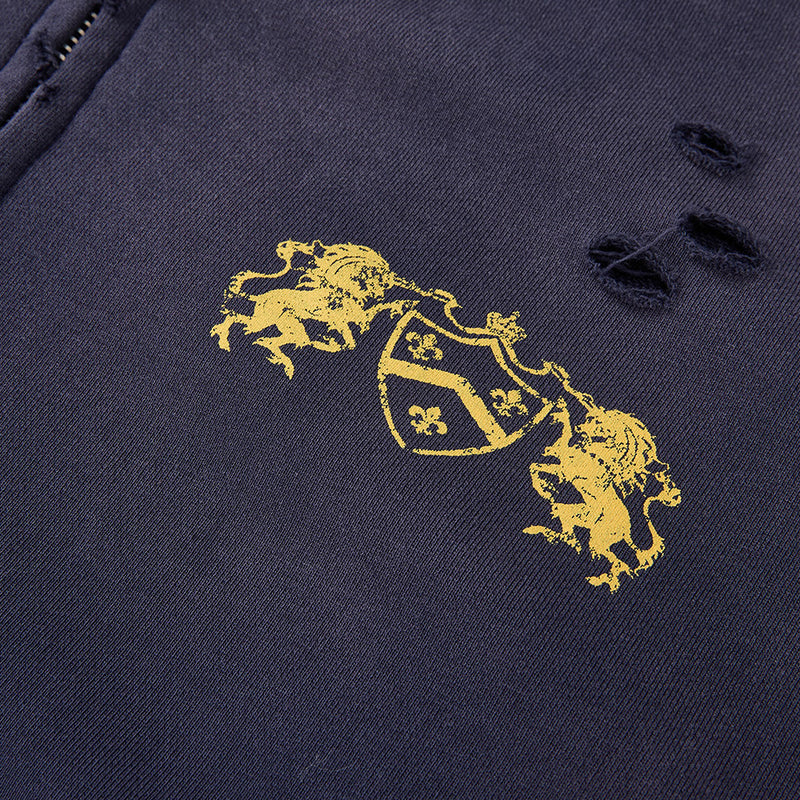 Oversized Zip-Up Hoodie Men — Distressed Heraldic Embroidery, Cropped Bomber Fit