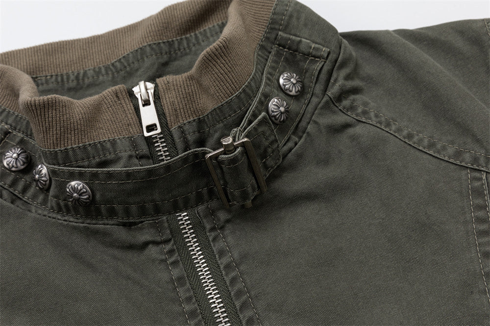 Men's Army Green Vintage Workwear Bomber Jacket – Stand Collar, Zip-Up, Ribbed