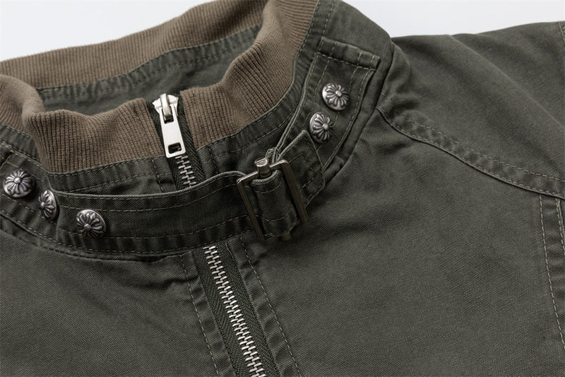 Men's Army Green Vintage Workwear Bomber Jacket – Stand Collar, Zip-Up, Ribbed
