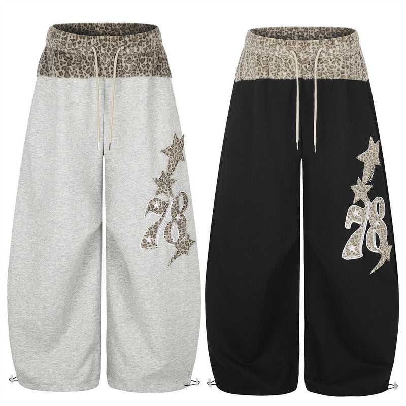 Wide-Leg Sweatpants with Leopard Print Waistband & Star Patch Embroidery