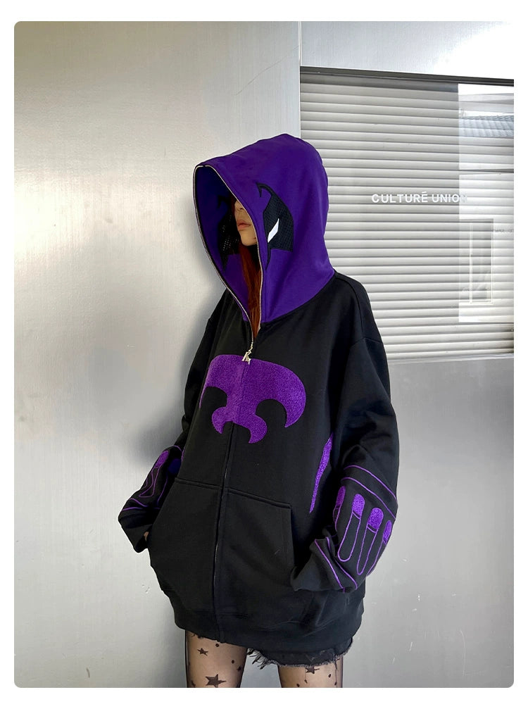 Dark Hero Hoodie - 400GSM Oversized Black and Purple Superhero Zip-Up Sweatshirt