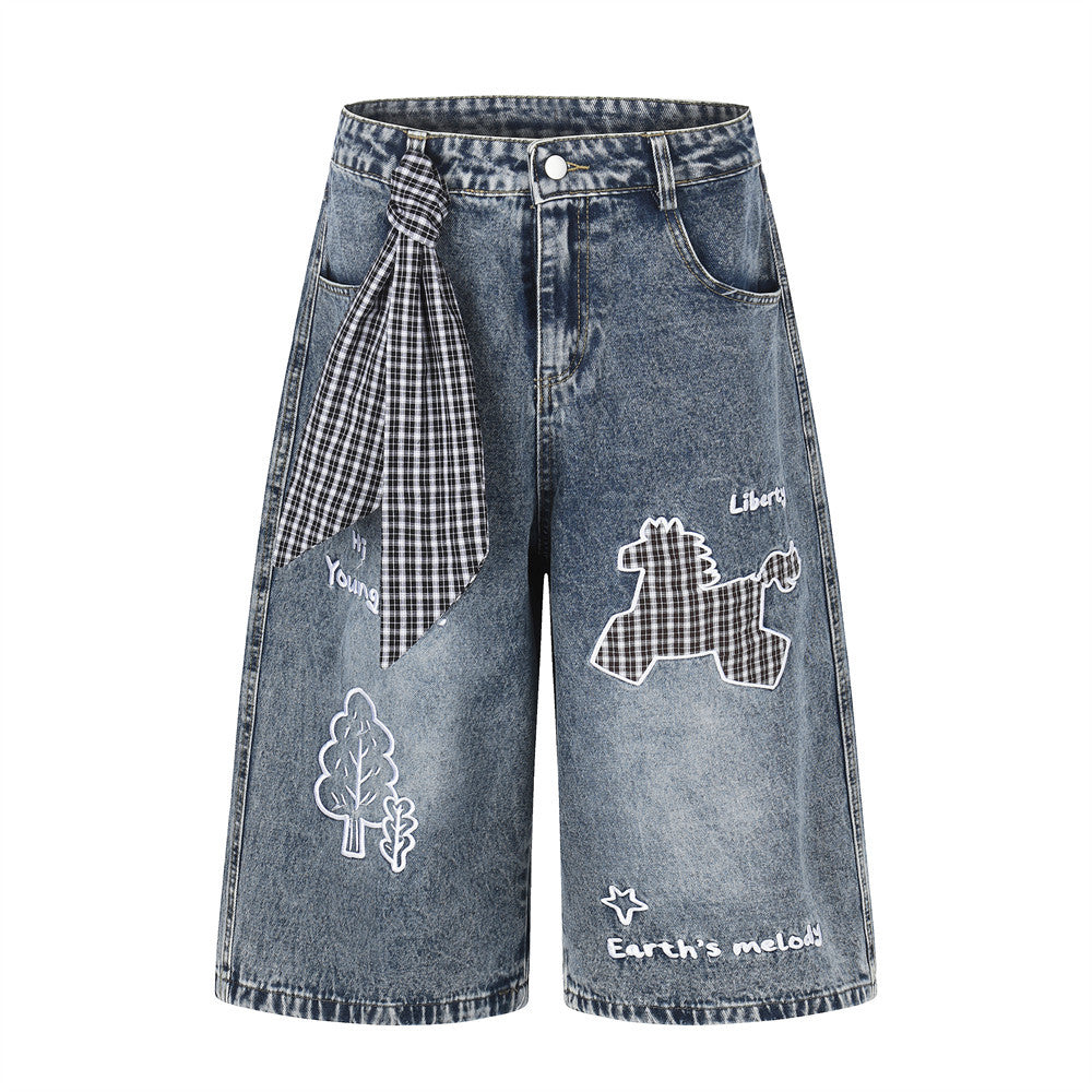 Cartoon Embroidered Wide-Leg Denim Shorts with Detachable Plaid Scarf Tie