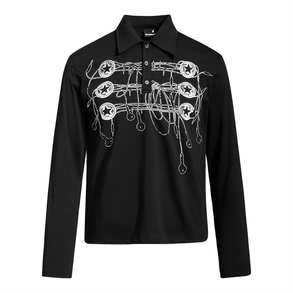 Long sleeve polo shirt with graffiti star and barbed wire graphic print in black colorway, polo collar and partial button pla