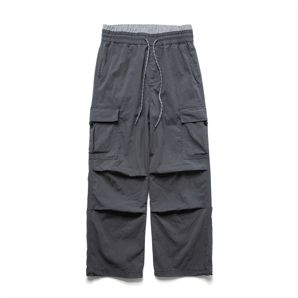 Men's Wide-Leg Cargo Pants with Double Waistband & Drawstring