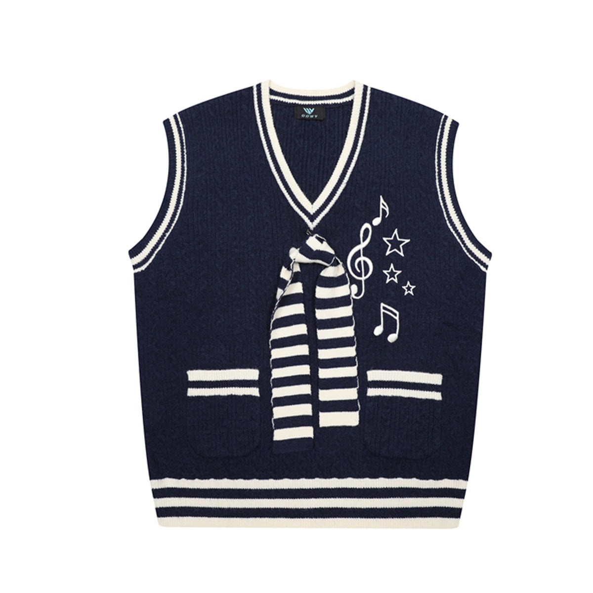 V-Neck Cable Knit Sweater Vest with Music Note Embroidery & Striped Tie Detail