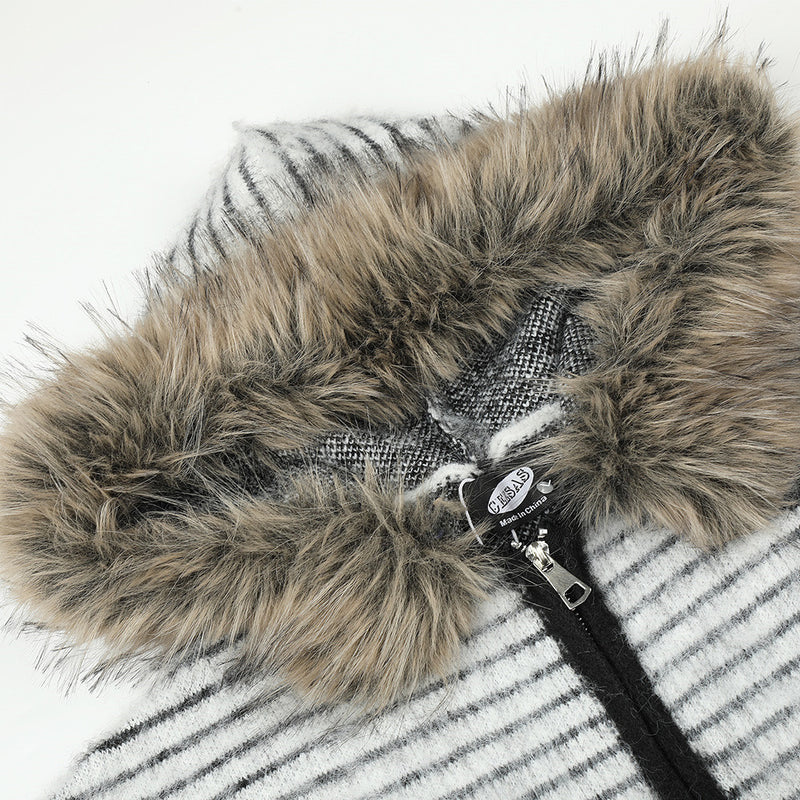 Striped Fur-Trim Zip-Up Knit Hoodie with Star & Circle Print