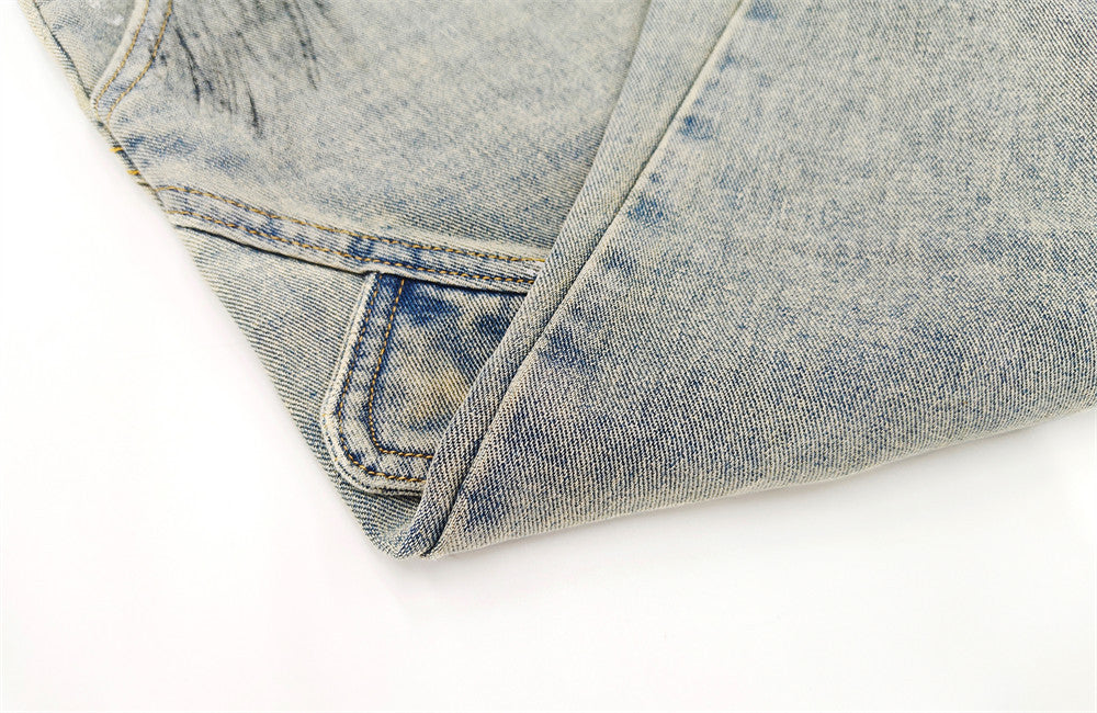 Hand-Painted Splatter Distressed Cargo Denim Shorts