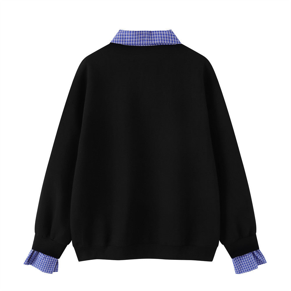 Plaid Collar Faux-Layered Polo Sweatshirt – Relaxed Fit Long Sleeve Top