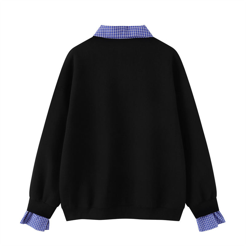 Plaid Collar Faux-Layered Polo Sweatshirt – Relaxed Fit Long Sleeve Top
