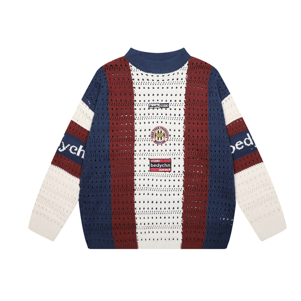 Colorblock open-knit crew neck sweater in navy, burgundy, and cream with varsity stripe sleeves and embroidered chest badge,