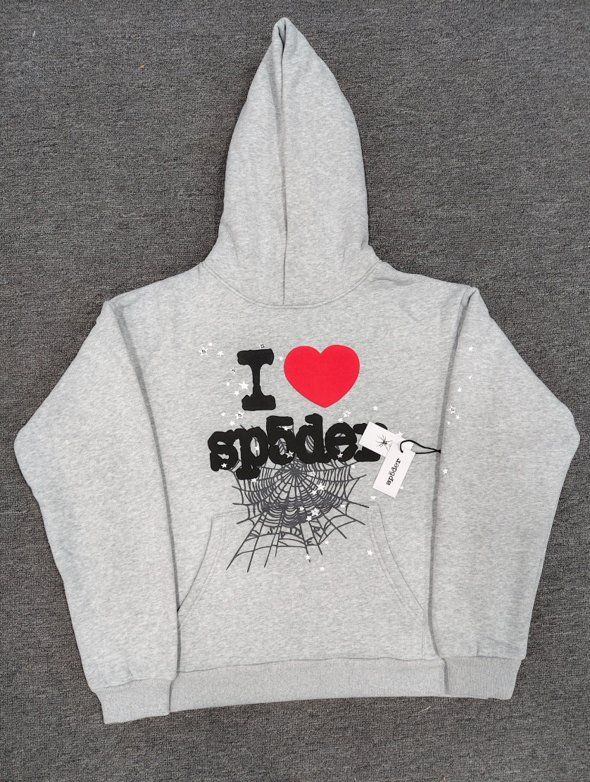 Sp5der “I Love Sp5der” Hoodie – Grey 440GSM Heavyweight Oversized Streetwear Pullover