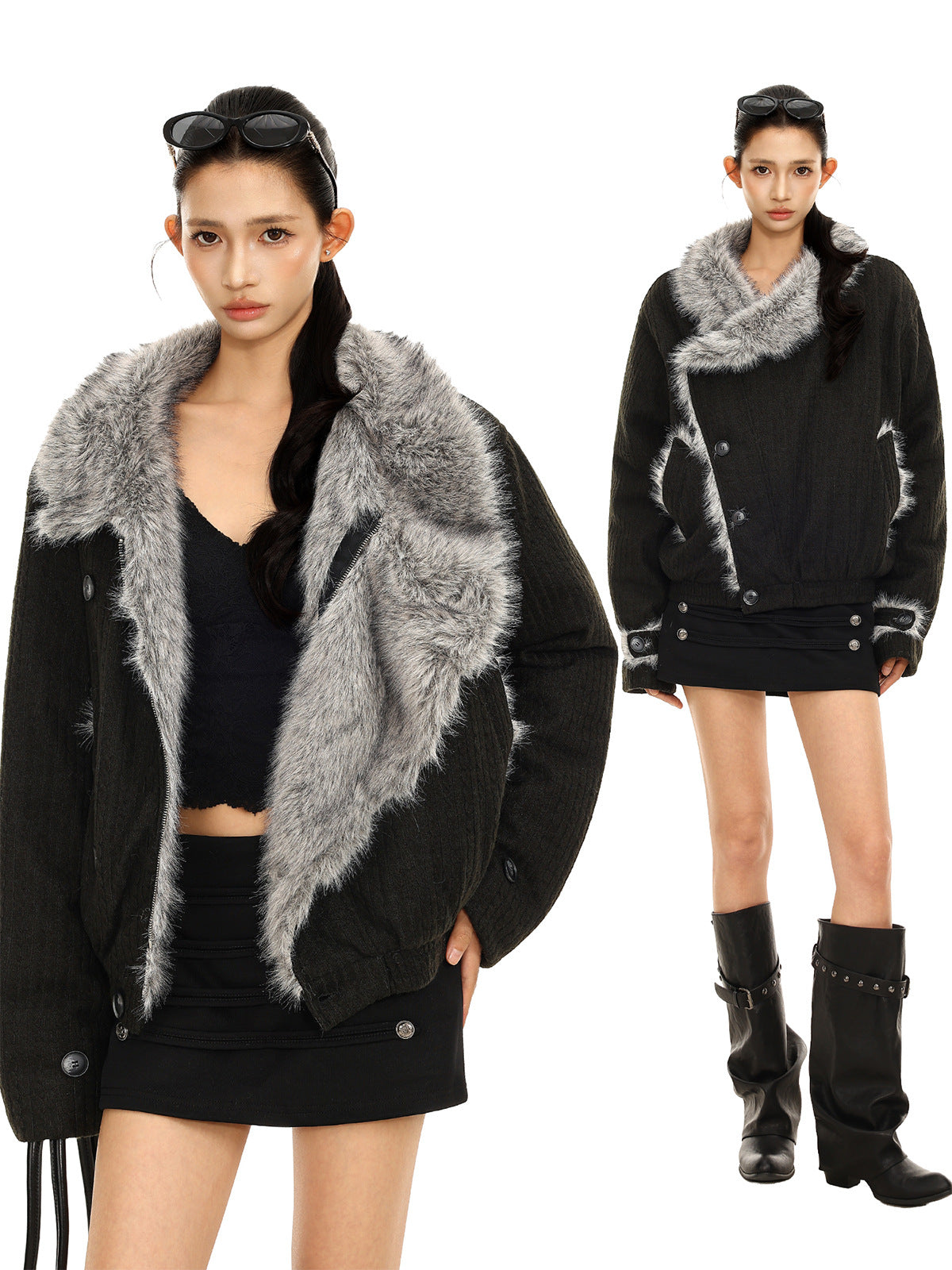 Men's Faux Fur Collar Bomber Jacket – Black Padded Winter Coat