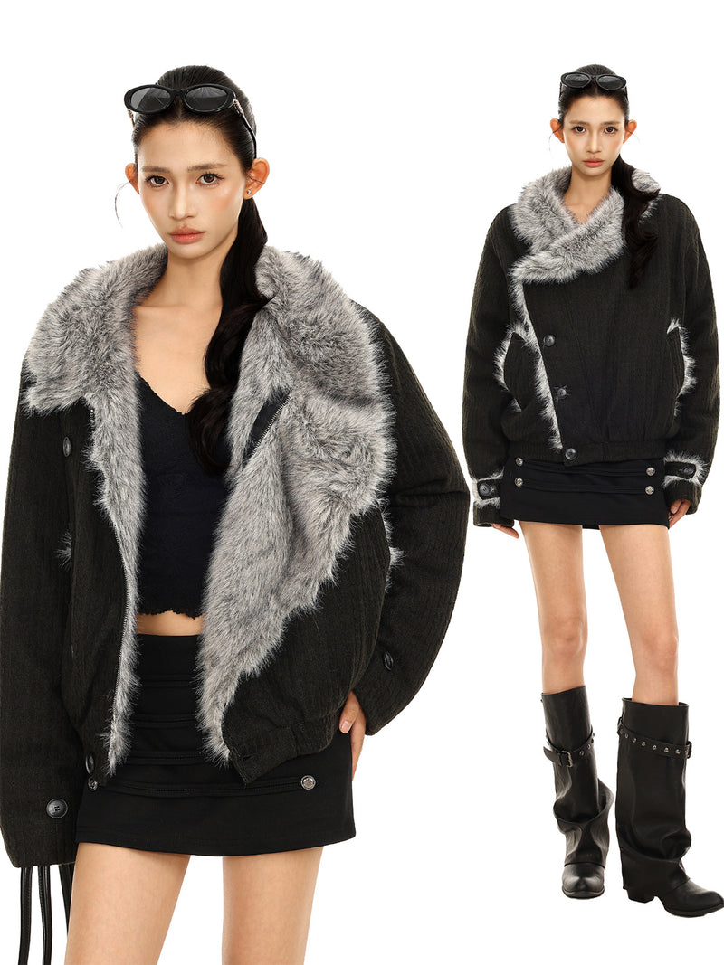 Men's Faux Fur Collar Bomber Jacket – Black Padded Winter Coat