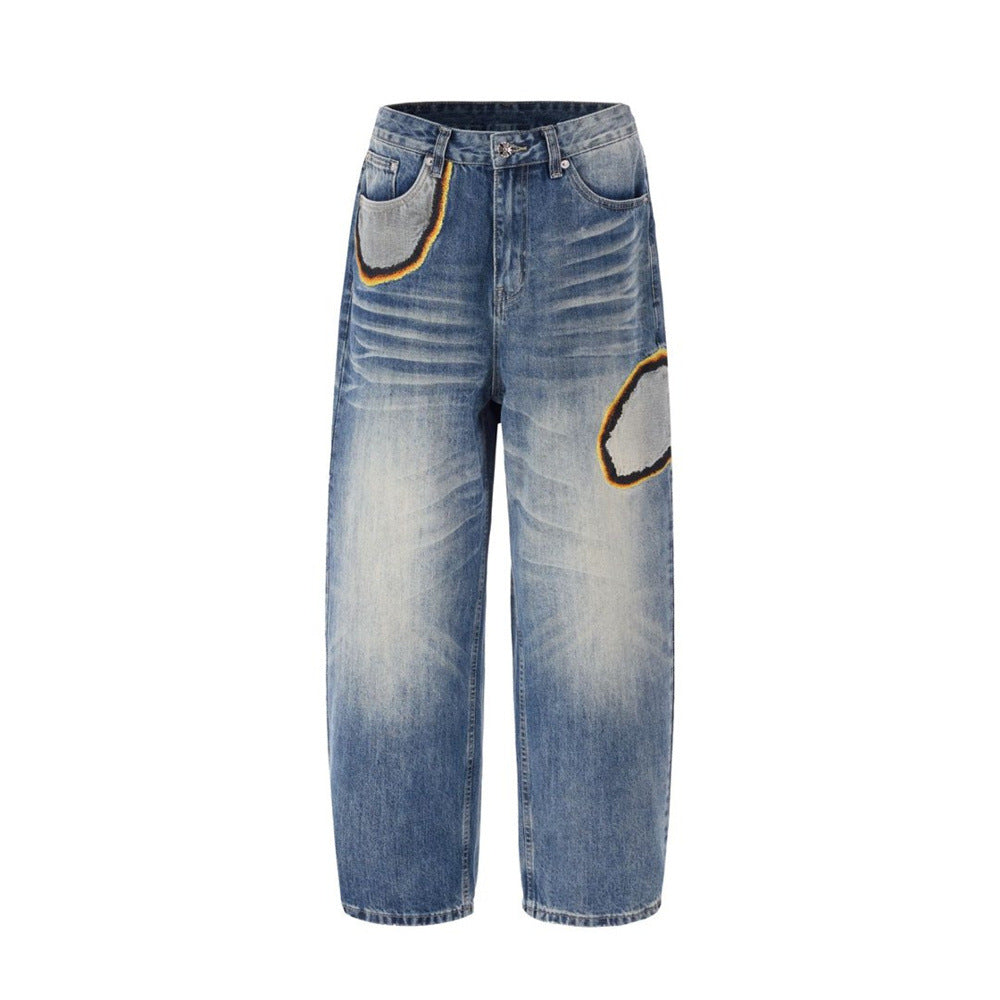 Men's Baggy Straight-Leg Jeans with Embroidered Patch Detail – Distressed Blue